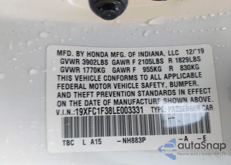 2020 Honda Civic Ex из США, поврежденный, VIN 19XFC1F38LE003331